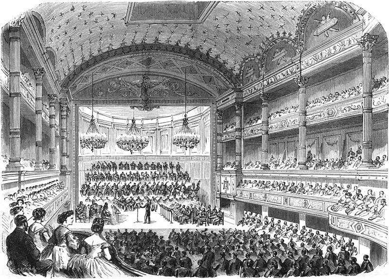 A drawing of a performance in the concert hall of the Paris Conservatory of Music