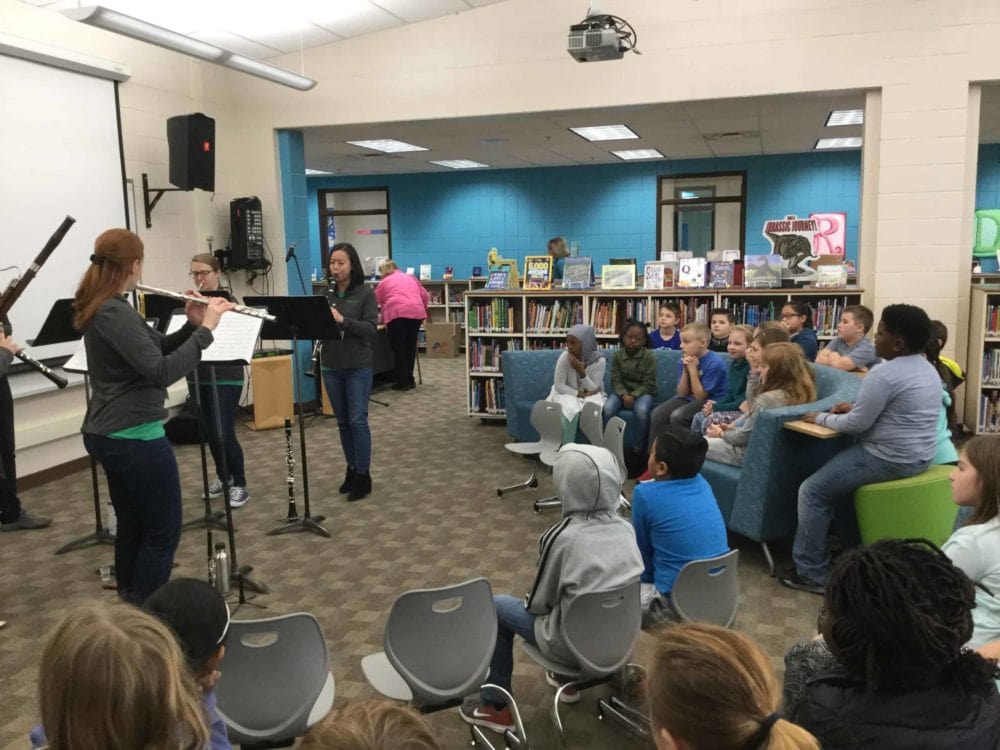 Chione Woodwind Quintet performing for a school of children