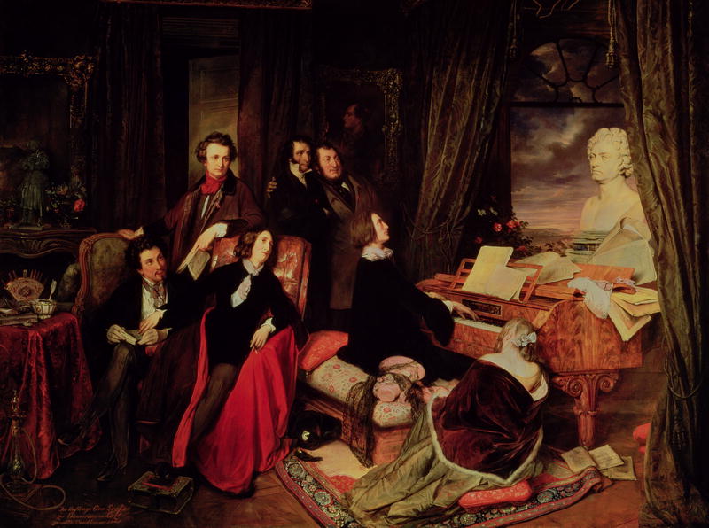 Painting of composer Liszt playing piano while friends watch